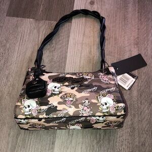 Ed Hardy Pink Camouflage Rose & Skull Tattoo Print Shoulder Bag + Bag Charm NWT